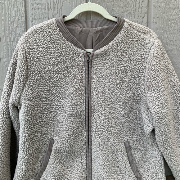 Grey sherpa teddy zip up lined bomber jacket ribbed cuffs - Picture 6 of 9